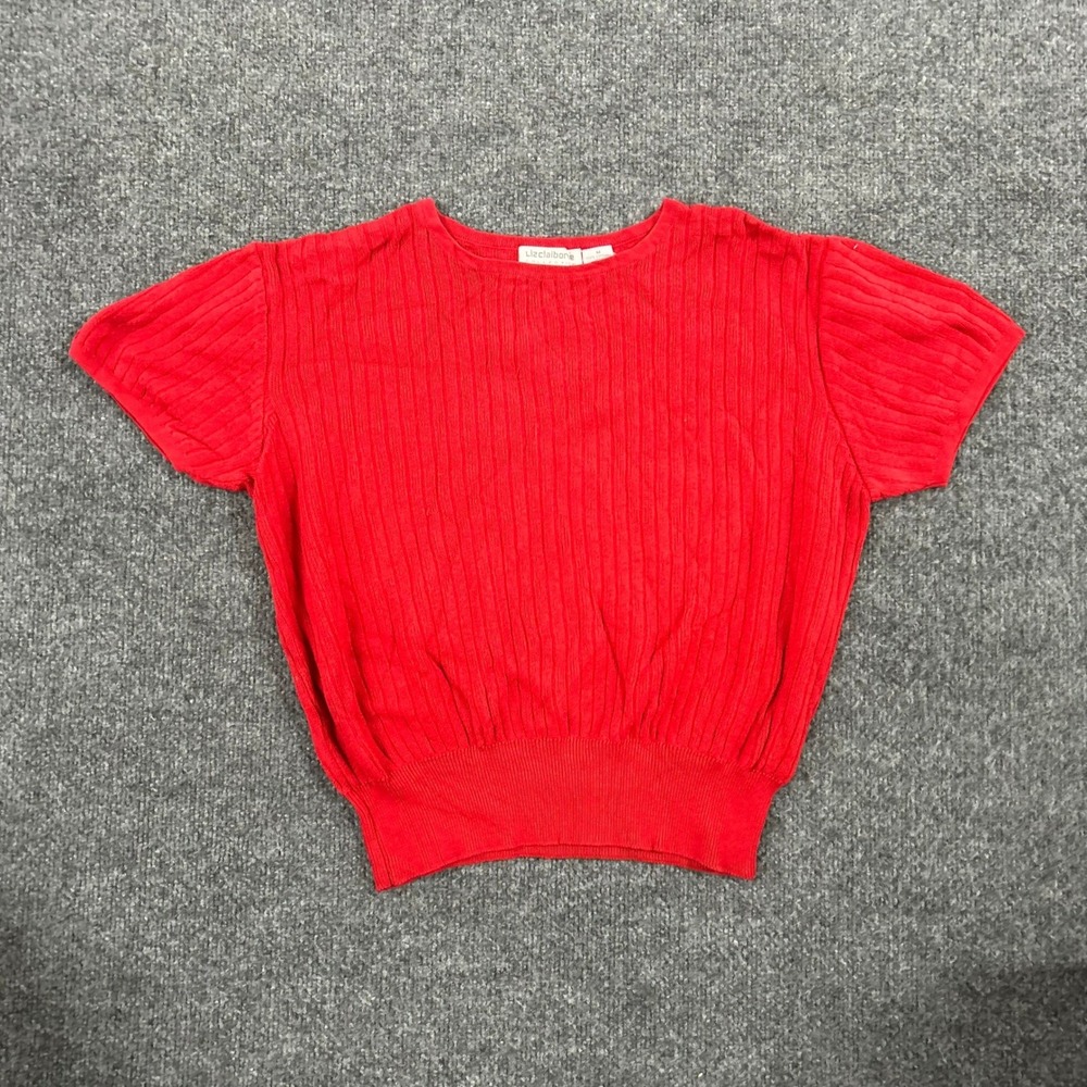 Liz Claiborne Sweater Womens Size M Red Cotton Ribbed Knit Short Sleeve Crew